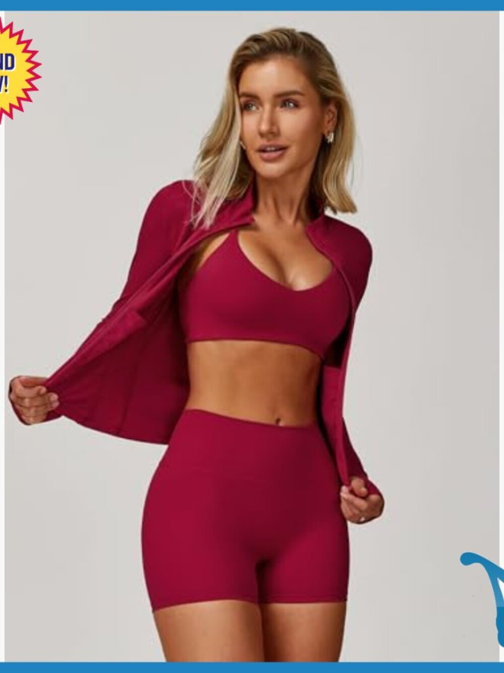 3-Piece Workout Set Long Sleeve Jacket Sports Bra High Waist Shorts - Picture 3 of 7